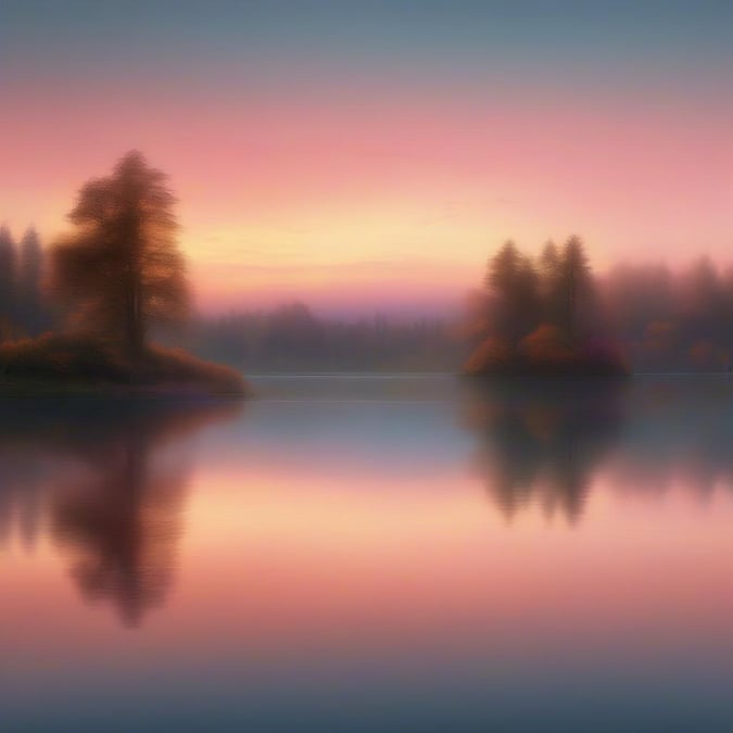 A tranquil view of the sun dipping below the horizon, casting a warm glow over the still waters of a lake encircled by misty pines.