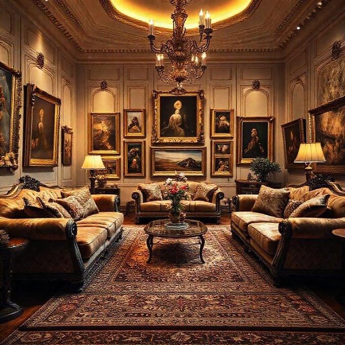 This luxurious living room exudes elegance with its high ceiling, ornate chandelier, and an array of prestigious paintings adorning the walls.