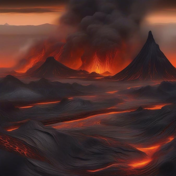 The fiery spectacle of an erupting volcano at sunset, with the molten lava flowing down its slopes. This breathtaking landscape could be a scene from another world or a powerful reminder of Earth's natural beauty.