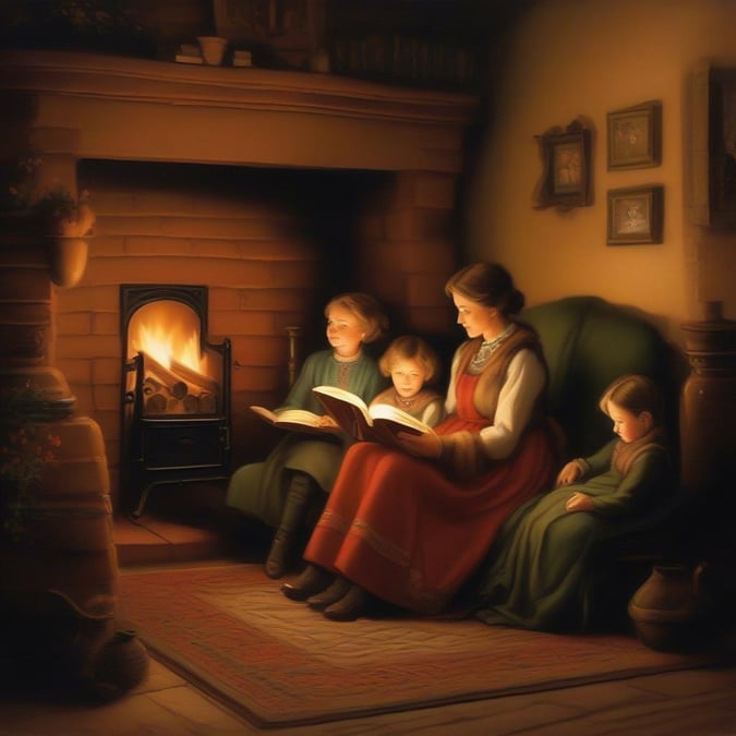 Cozy scene from Mother's Day with warm candlelight, featuring a mother reading to her children by the fireplace.