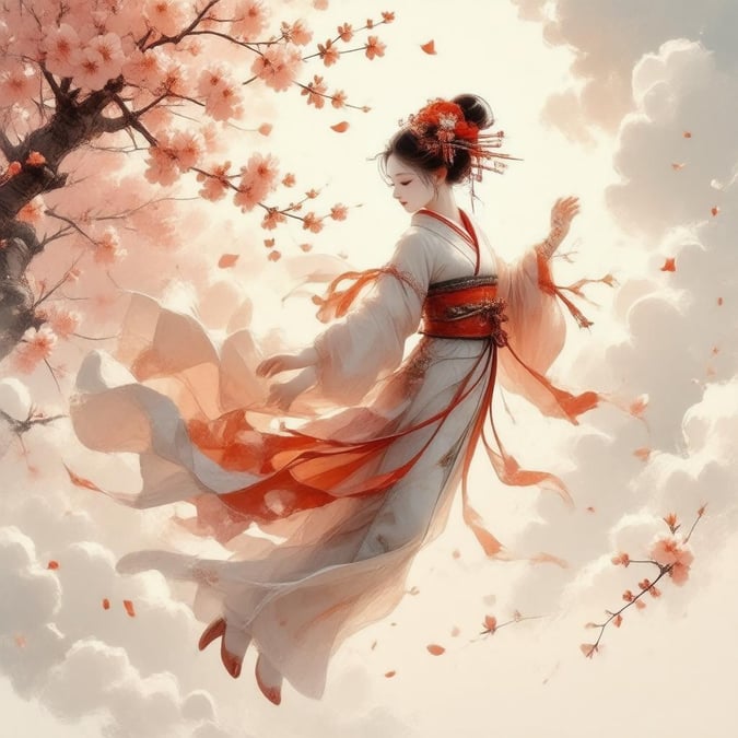 Experience the serene beauty of an anime geisha floating amidst cherry blossom trees and flowers, set against a warm-hued, soft focus background.