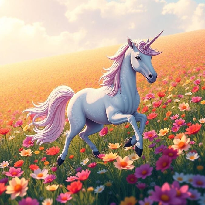 Adorable unicorn with purple mane and tail, gracefully strolling through a vibrant field of flowers.