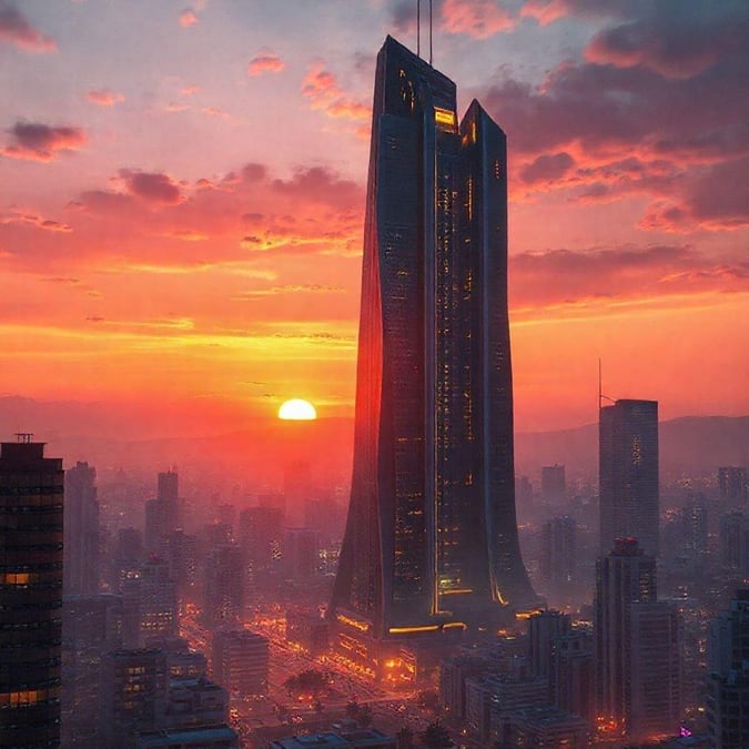 A beautiful cityscape at sunset, with towering skyscrapers and bustling streets. The sky is painted with hues of orange and pink, creating a breathtaking view.