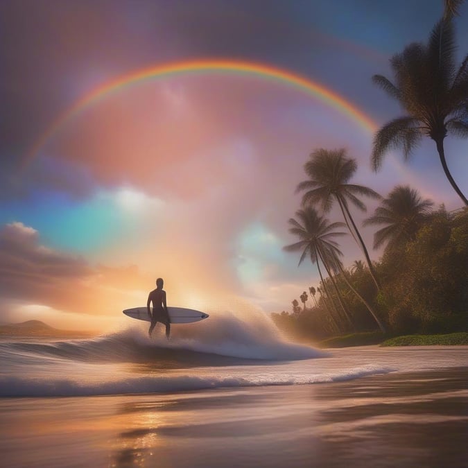 Catch the perfect wave in this stunning beach scene, where a lone surfer rides the waves under a vibrant rainbow.