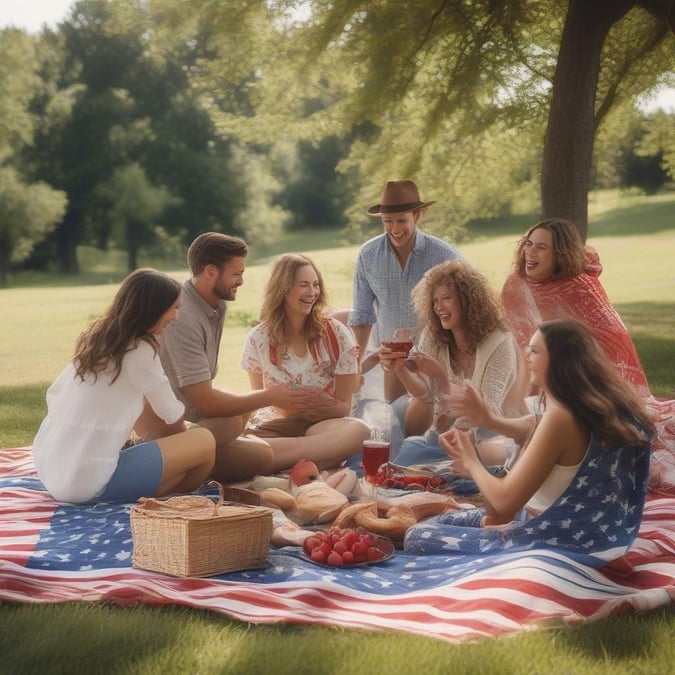 Friends and family enjoying the Fourth of July together, with red, white, and blue themed food.