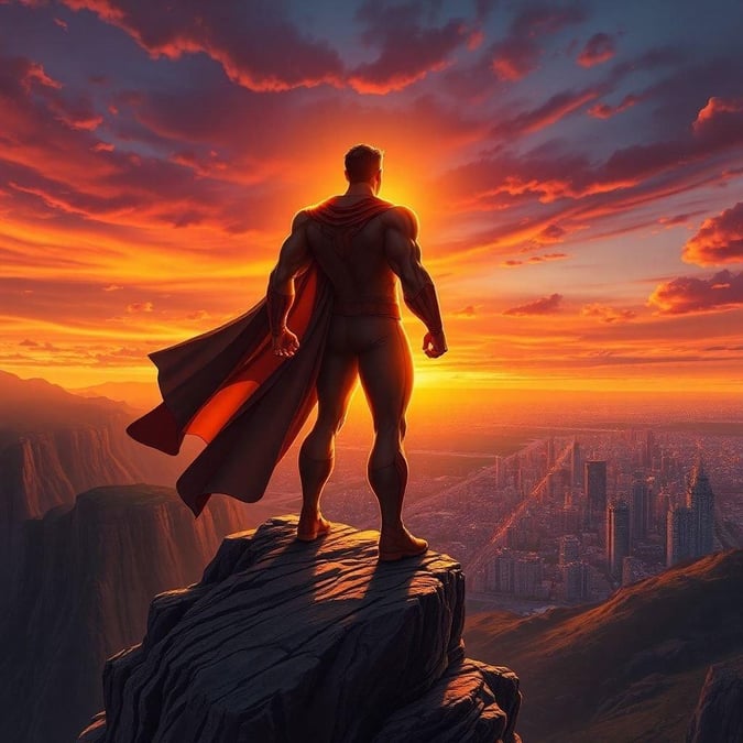 Ce magnifique fond d'écran présente Superman debout sur une falaise, regardant un coucher de soleil à couper le souffle sur la ville. Les couleurs vives et la pose dynamique en font une image accrocheuse et inspirante.