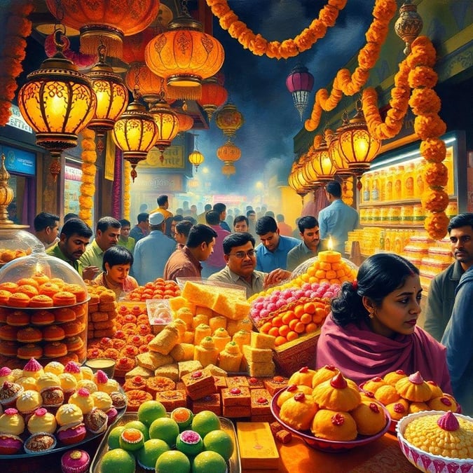 A lively scene from a traditional Indian market during the festive season of Diwali. People shopping for sweets and fruits, brightly colored lights adding to the celebratory atmosphere.