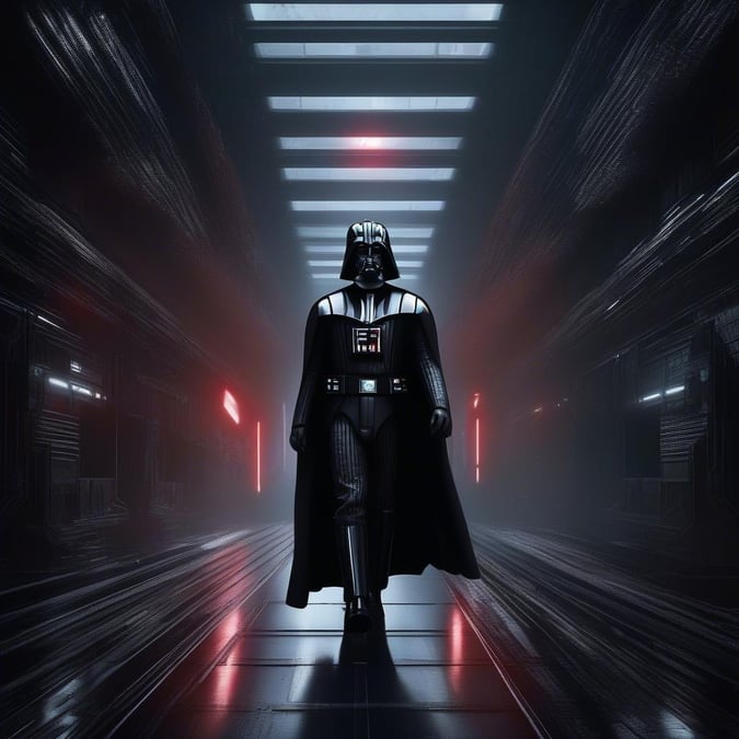 This stunning wallpaper captures the ominous presence of Darth Vader, one of the most iconic villains in the Star Wars franchise. The dark and ominous hallway serves as the perfect backdrop for Vader's imposing figure, creating a sense of foreboding and tension. The image is perfect for fans of the Star Wars series and anyone who loves a good villainous character.