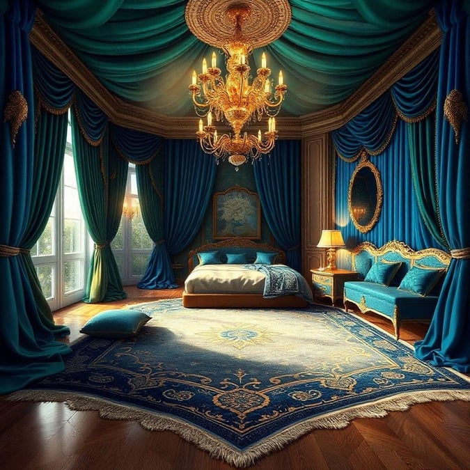 This image is a wallpaper for desktop and mobile use, showcasing a luxurious bedroom with a stunning chandelier, a beautiful rug, and elegant furniture. The room is decorated with a mix of blue and gold colors, creating a sophisticated and opulent atmosphere.