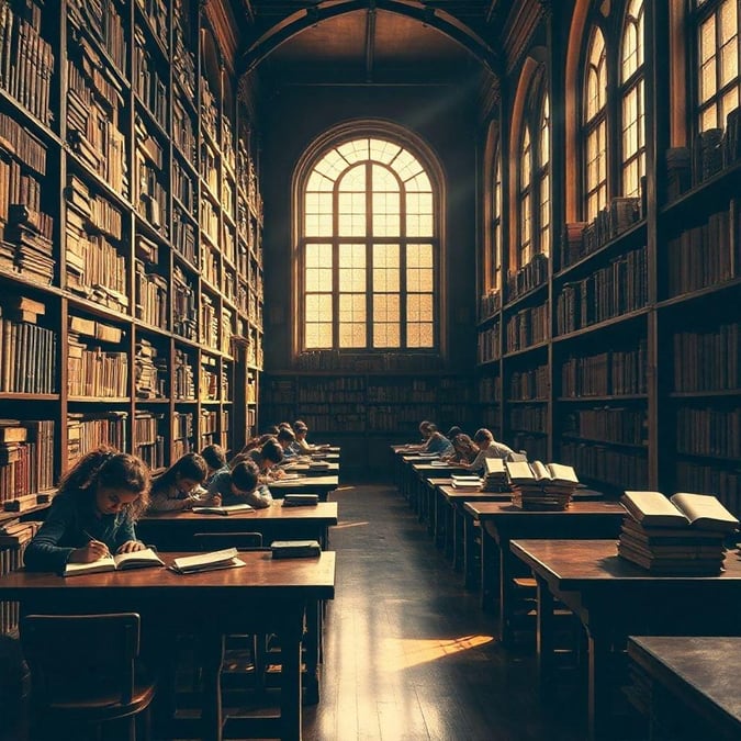 A serene library setting, where learners are immersed in books and quiet contemplation.