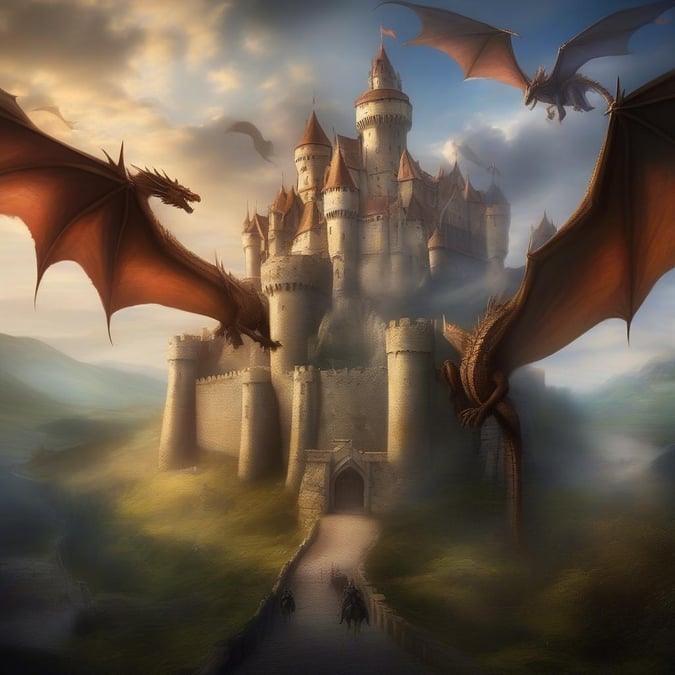 A majestic castle stands tall against the backdrop of a fiery sky, guarded by dragons that soar in the air. This wallpaper captures the grandeur and fantasy of epic tales.