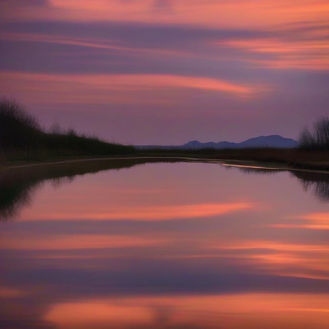 A tranquil view of a sunset reflected in a calm body of water. The warm glow of the setting sun paints the scene with hues of pink and orange, creating a serene atmosphere.