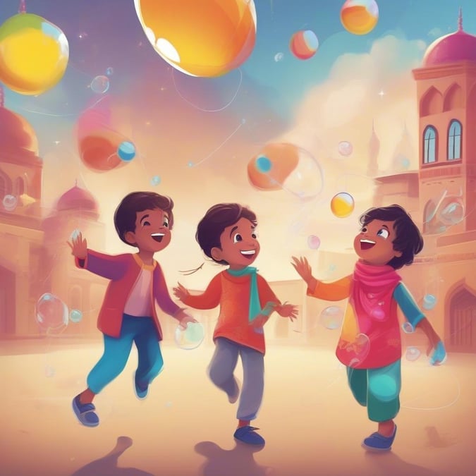 Three children playing with bubbles in an alleyway, celebrating the festive spirit of Ramadan and Eid.