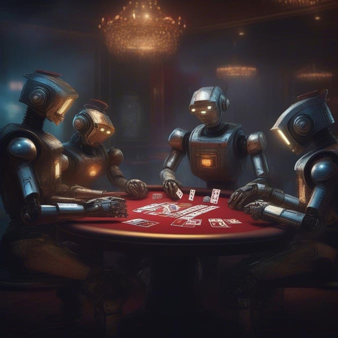 Get ready to deal yourself into a world of fun with this unique wallpaper featuring robots playing poker. Perfect for fans of sci-fi and technology, this image is sure to add a touch of excitement to your desktop or mobile device.