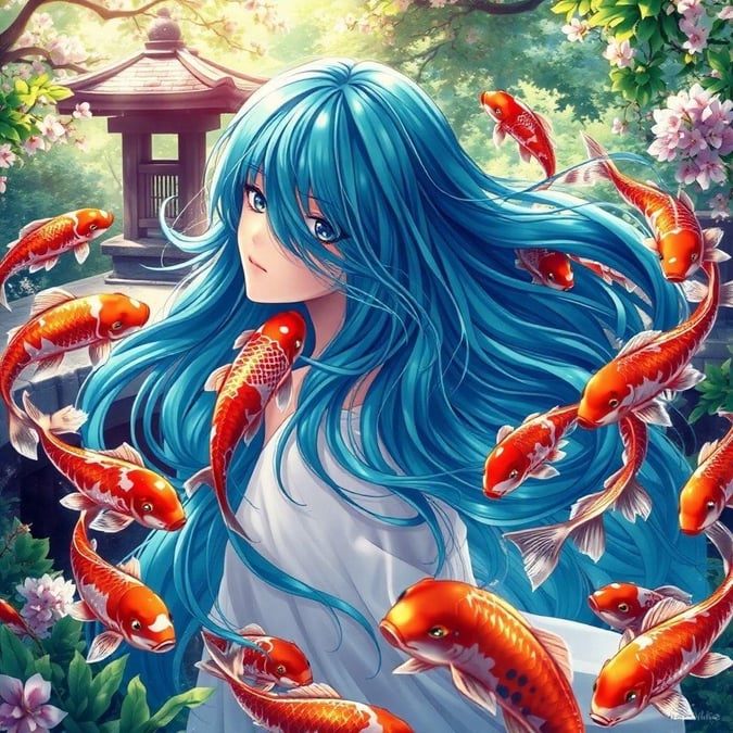 This anime illustration features a young girl surrounded by a kaleidoscope of colorful koi fish swimming through a Japanese garden. The central figure is adorned with a red koi fish, adding a whimsical touch to the scene. The illustration captures a moment of tranquility, with a focus on the intricate details of the koi fish and their vibrant colors.