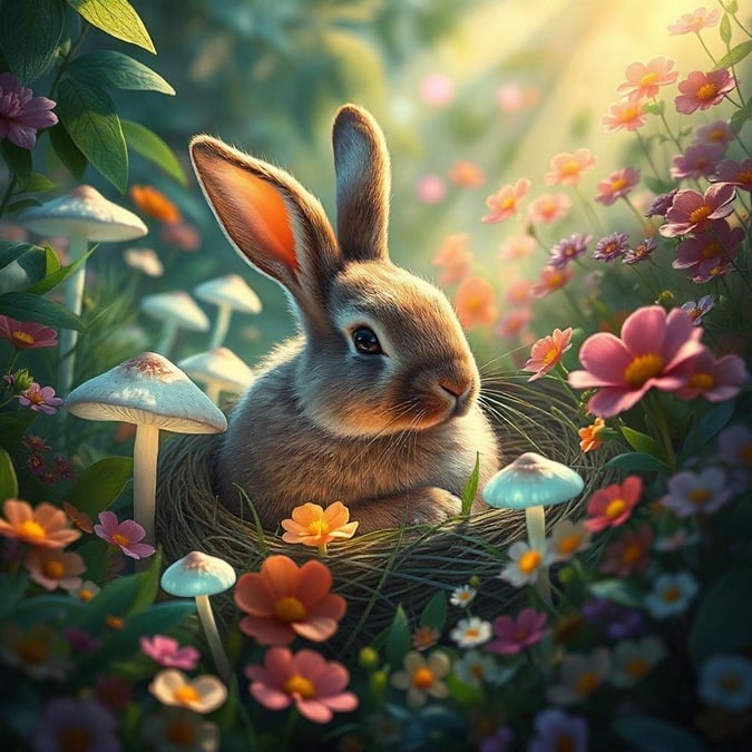 A tender moment in a vibrant spring meadow, with colorful flowers blooming all around and the little bunny has found its perfect spot for an afternoon nap.