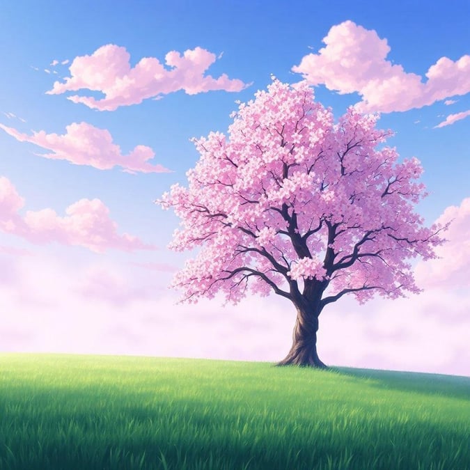 A serene anime-style illustration of a majestic cherry blossom tree, with vibrant pink blossoms, set against a misty morning backdrop, featuring a blue and purple sky with soft pink clouds, and a lush green field in the foreground.