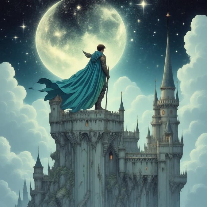 Este cativante papel de parede de anime apresenta um guerreiro em pé no topo de um majestoso castelo flutuante, contra um céu noturno estrelado. A atmosfera etérea é realçada pela arquitetura intrincada do castelo e pela impressionante capa listrada azul e verde do guerreiro.