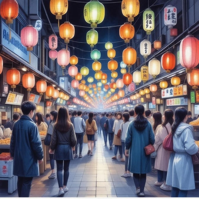 Experience the vibrant energy of a Japanese street food market at night, where colorful lanterns and signs create an anime-like atmosphere.