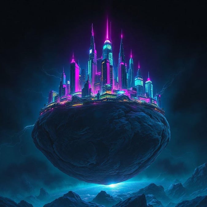 This otherworldly cityscape appears to be floating in a mystical realm, possibly from a fantasy or science fiction tale. The vibrant colors of the buildings add to its magical atmosphere.