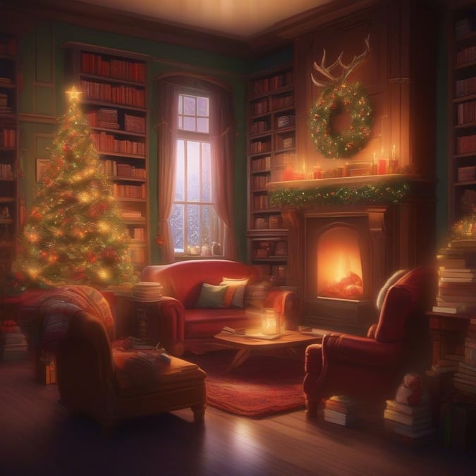 This wallpaper image captures the essence of a peaceful Christmas morning in a cozy library. The room is filled with the warm glow of a fireplace, surrounded by stacks of books and a beautifully decorated Christmas tree. The atmosphere is inviting and relaxing, perfect for a quiet morning spent reading or enjoying a cup of hot cocoa.