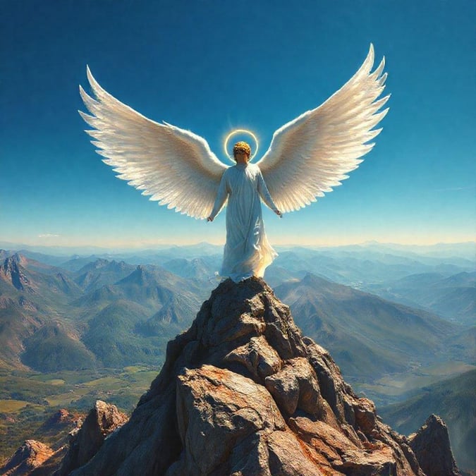 A serene and peaceful image of an angel standing on a mountain peak, surrounded by stunning natural beauty.