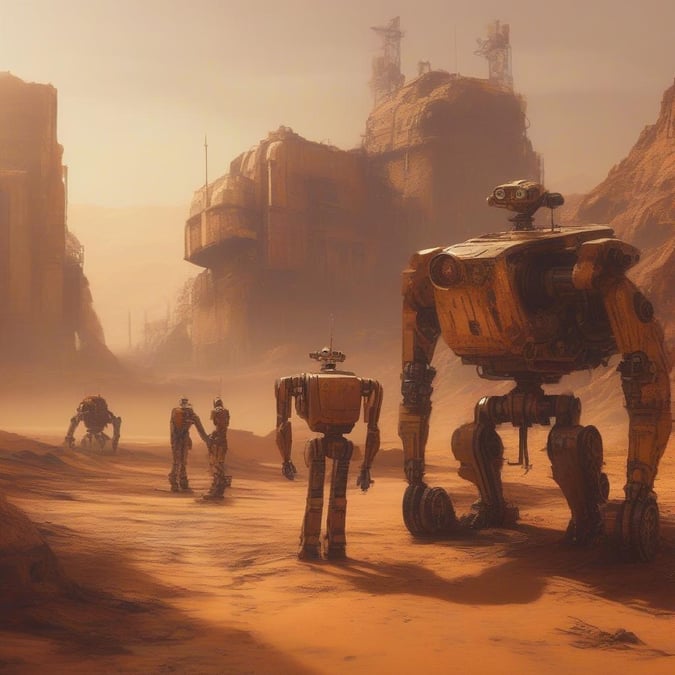 A group of mechanical robots exploring a desert planet, with an abandoned structure in the distance.