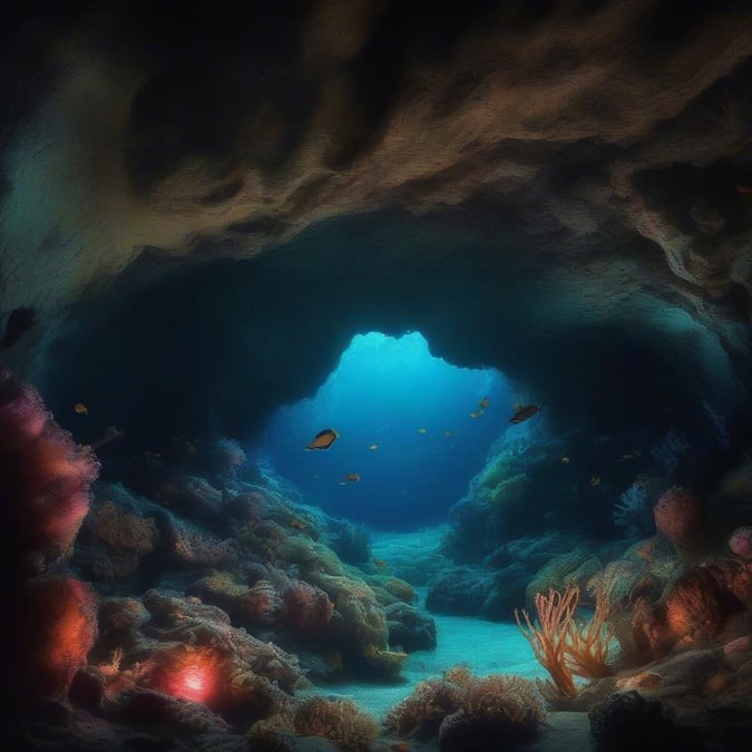 Peer into the depths of an underwater cave, where marine life thrives in its own subterranean world. The clear blue water contrasts with the darkened interior of the cave, revealing an array of sea creatures and coral formations that bring a sense of tranquility and wonder to your desktop or mobile device.