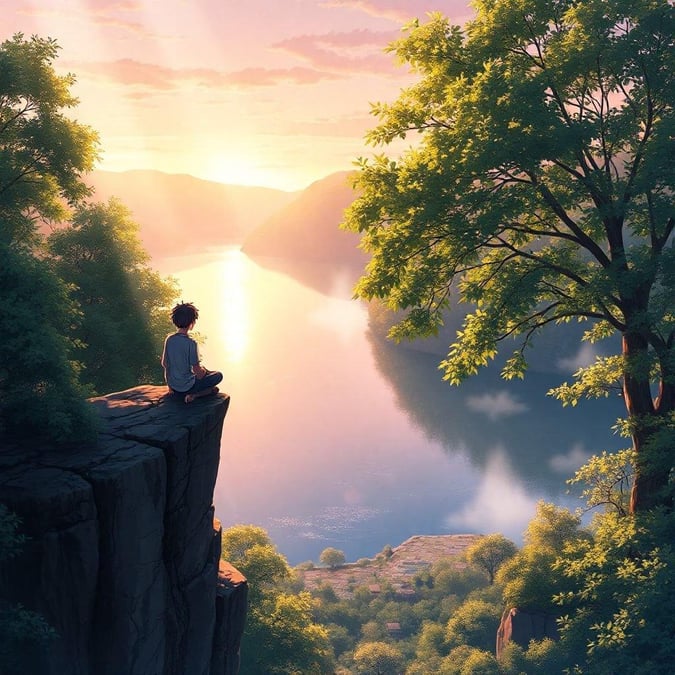 A serene landscape with an animated character contemplating the view.