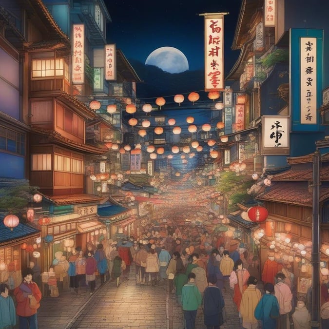 Rejoignez les foules animées dans cette ville japonaise traditionnelle pendant la nuit. Les rues vibrantes sont pleines de gens, de stands de nourriture et de lanternes lumineuses suspendues aux bâtiments. L'atmosphère est vivante et pleine d'énergie.