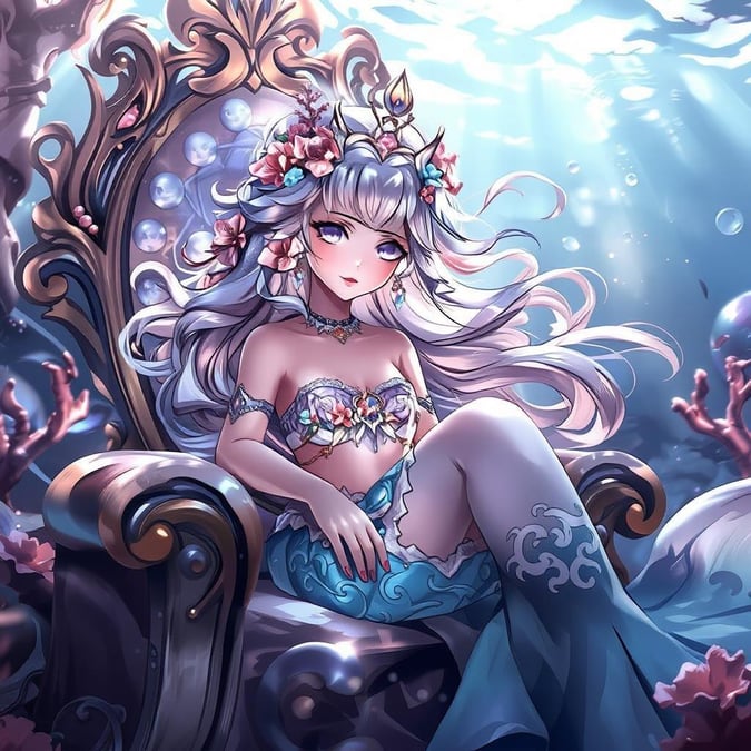 This enchanting anime illustration features a delicate mermaid princess with hair resembling white and pink corals, seated on a throne crafted from pearls. The underwater setting is illuminated by soft light, creating a captivating atmosphere.