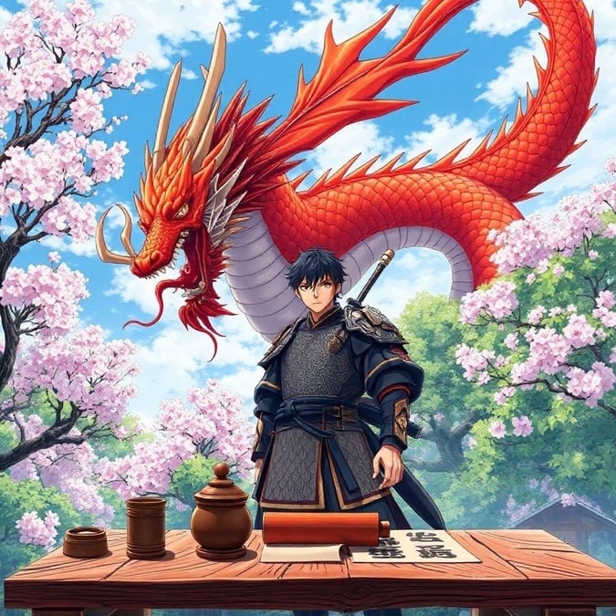 A stunning anime illustration of a young samurai and a vibrant red and orange dragon in a traditional Tokyo setting.