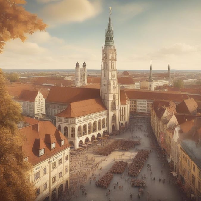 Vibrant city square filled with people attending the world-famous Oktoberfest in Munich, Germany. Historical buildings line the street where a crowd gathers, adding to the lively atmosphere of this festive event.