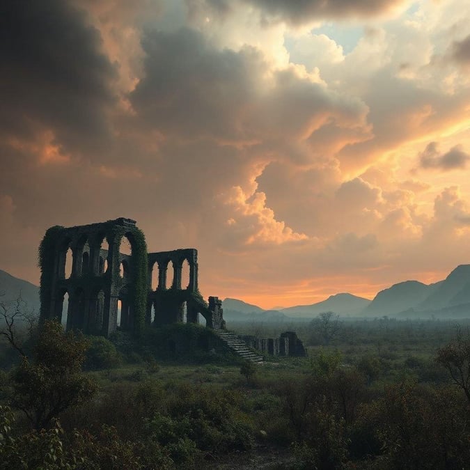 A mysterious desert ruin under the glowing sky, evoking a sense of otherworldly beauty.