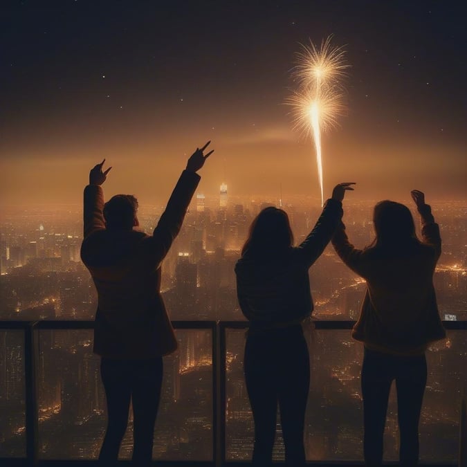 A group of friends raising their arms high, cheering in excitement as they watch a dazzling fireworks display light up the night sky above the cityscape.