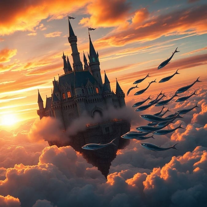 This stunning 3D art wallpaper features a majestic castle floating in the clouds, surrounded by a school of dolphins swimming in the sky. The castle's grandeur and the dolphins' playful nature create a sense of wonder and magic, making this image a perfect fit for anyone who loves fantasy and adventure.