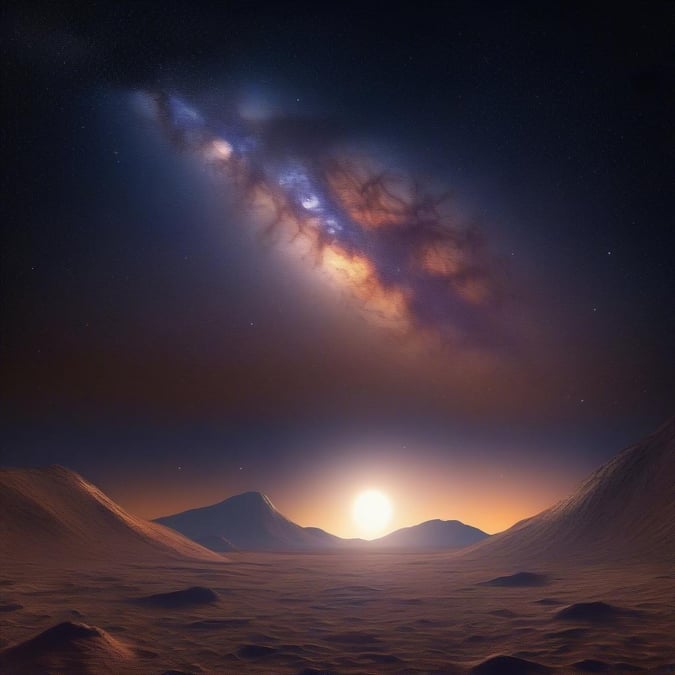 A cosmic scene set on a desert planet, with the galactic band NGC 7027 in the twilight sky and a crescent moon over mountain silhouettes.