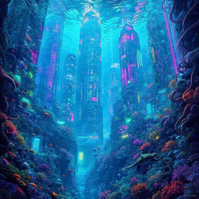 Explore the depths of a vibrant and futuristic coral city, where nature and tech have co-evolved in an artistic underwater fantasy.