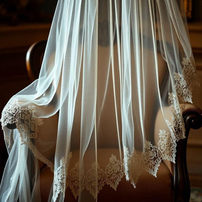 Elegant lace wedding veil cascading down from the back of a chair. A symbol of purity and tradition for brides-to-be.