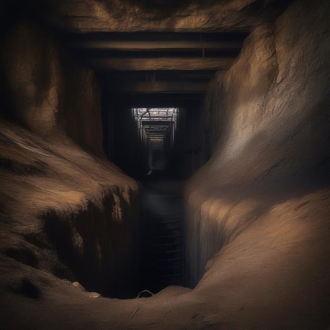 Explore the depths of an ancient underground passage, where history lies buried. The dim lighting and earthen walls evoke a sense of mystery and the unknown.