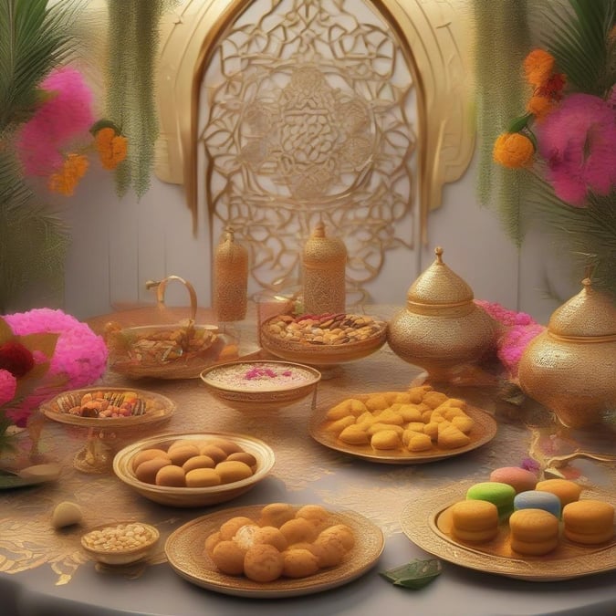 This festive scene captures the spirit of Eid Al-Fitr, a joyous occasion that marks the end of Ramadan. The table is adorned with an array of traditional sweets and treats to share with family and friends. The decorations include vibrant flowers and intricate Arabic calligraphy on the wall, reflecting the rich cultural heritage of Eid celebrations.