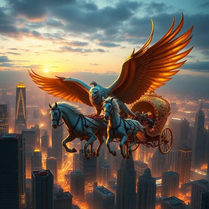 This digital artwork captures the magical essence of fantasy creatures in an urban setting. The majestic creature with wings and armor, reminiscent of a mythical griffin or phoenix, takes flight over a bustling city skyline at sunset. The serene blend of mythical allure and modern architecture creates a captivating scene that is both fantastical and relatable.