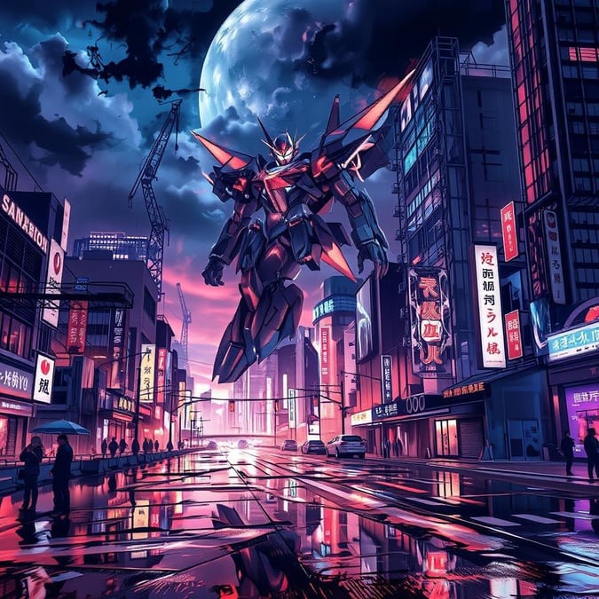 Experience the vibrant world of anime with this stunning cityscape wallpaper, featuring a futuristic Tokyo setting with neon lights reflecting off the wet pavement and a giant mecha hovering above.