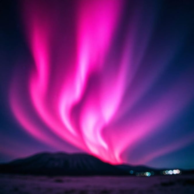 Experience the breathtaking beauty of nature with this aurora wallpaper. The sky is ablaze with pink and purple hues, reminiscent of a fire burning brightly. The mountain in the background adds depth to the scene and provides a natural frame for this spectacular light show.