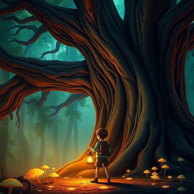 A young boy embarks on an enchanting journey through a magical forest, filled with ancient trees, flickering mushrooms, and mysterious creatures.