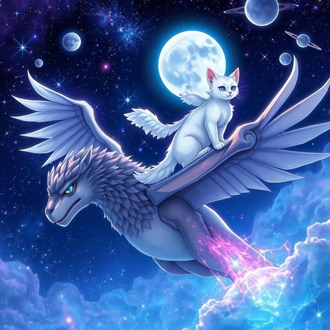 Immerse yourself in a world of fantasy with this stunning anime wallpaper, featuring a majestic white cat riding on the back of a giant, winged creature under a starry night sky.