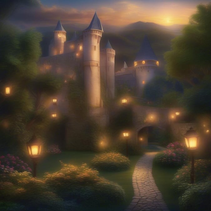 An enchanting medieval castle stands majestically against the backdrop of a twilight sky, lit by warm lanterns and glowing stars. A picturesque pathway leads to the entrance gate, inviting guests for an unforgettable evening of romance and history.