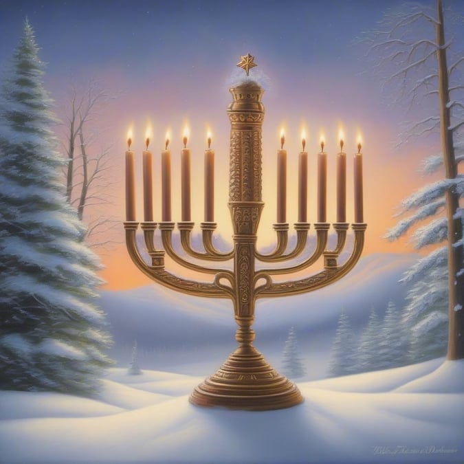 Dette fængslende tapet viser varmen og ånden af Hanukkah, med en smukt oplyst menorah, der står mod et fredeligt vinterlandskab.