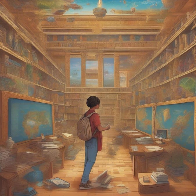 A young student stands at the threshold of an expansive library, filled with the promise of knowledge and discovery.