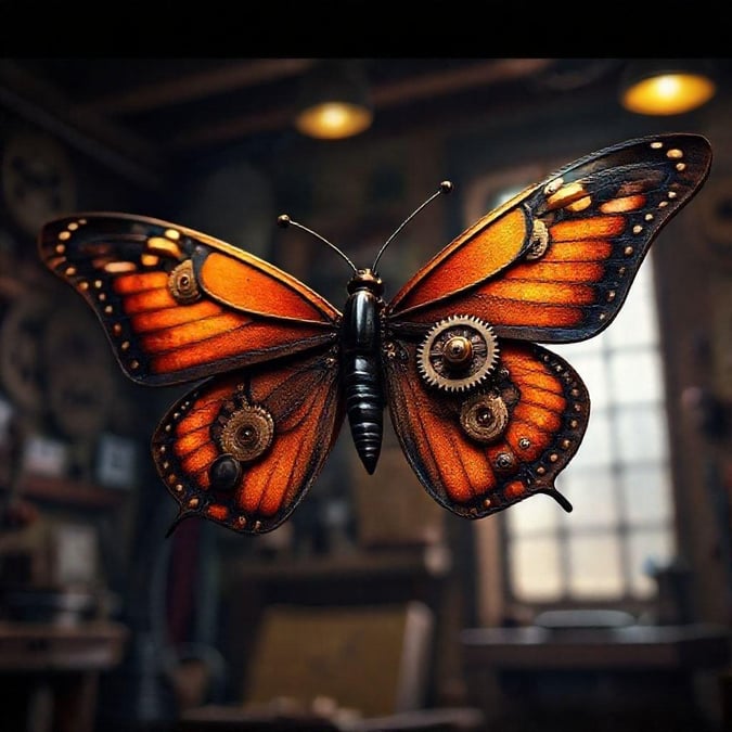 This steampunk-inspired butterfly wallpaper is a unique and captivating design for your desktop or mobile device. The intricate gears and cogs forming the butterfly's body create a fascinating and imaginative scene.